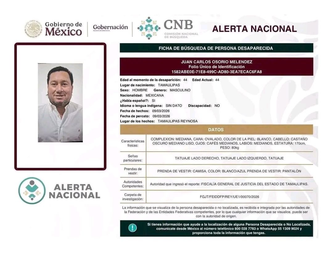 🚨 ¿HAS VISTO A JUAN  CARLOS OSORIO MELÉNDEZ? 🚨