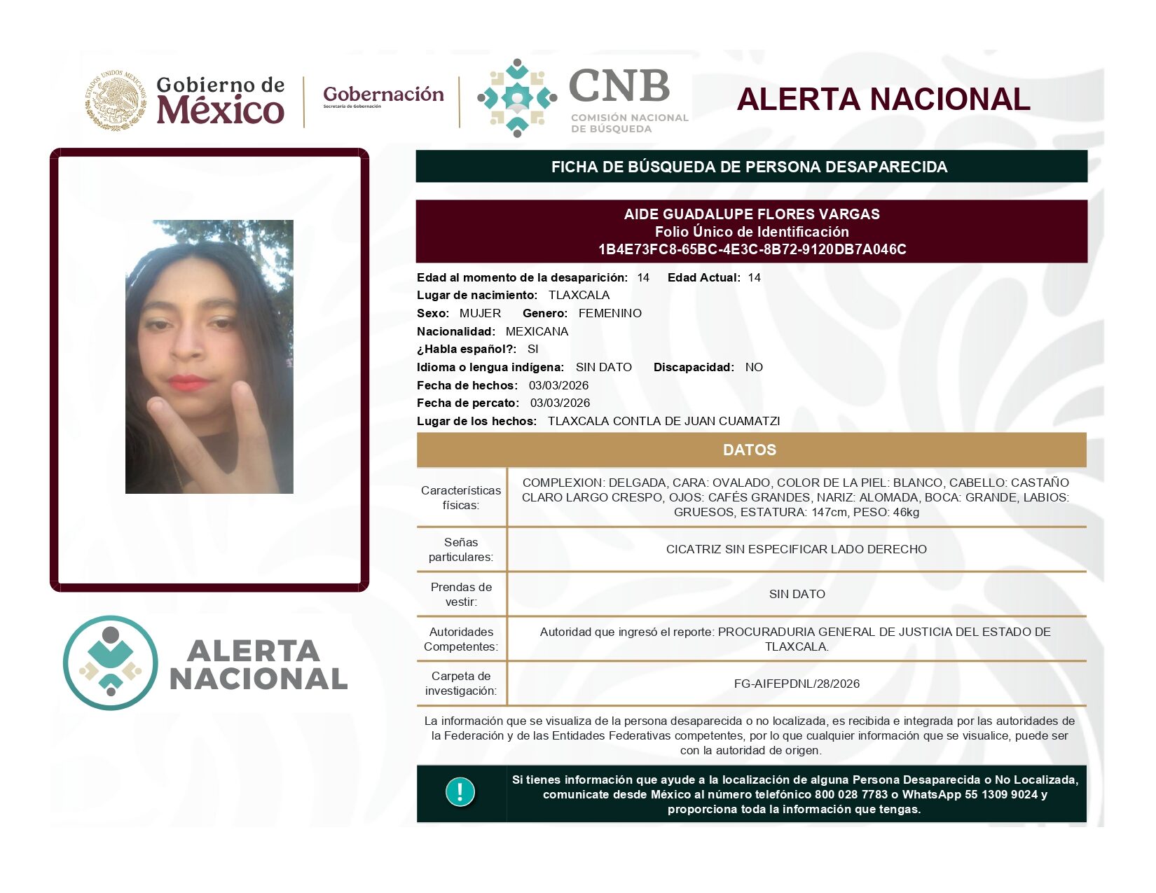 Se activa la Alerta Nacional de Búsqueda 🚨 ¿HAS VISTO A? 🚨