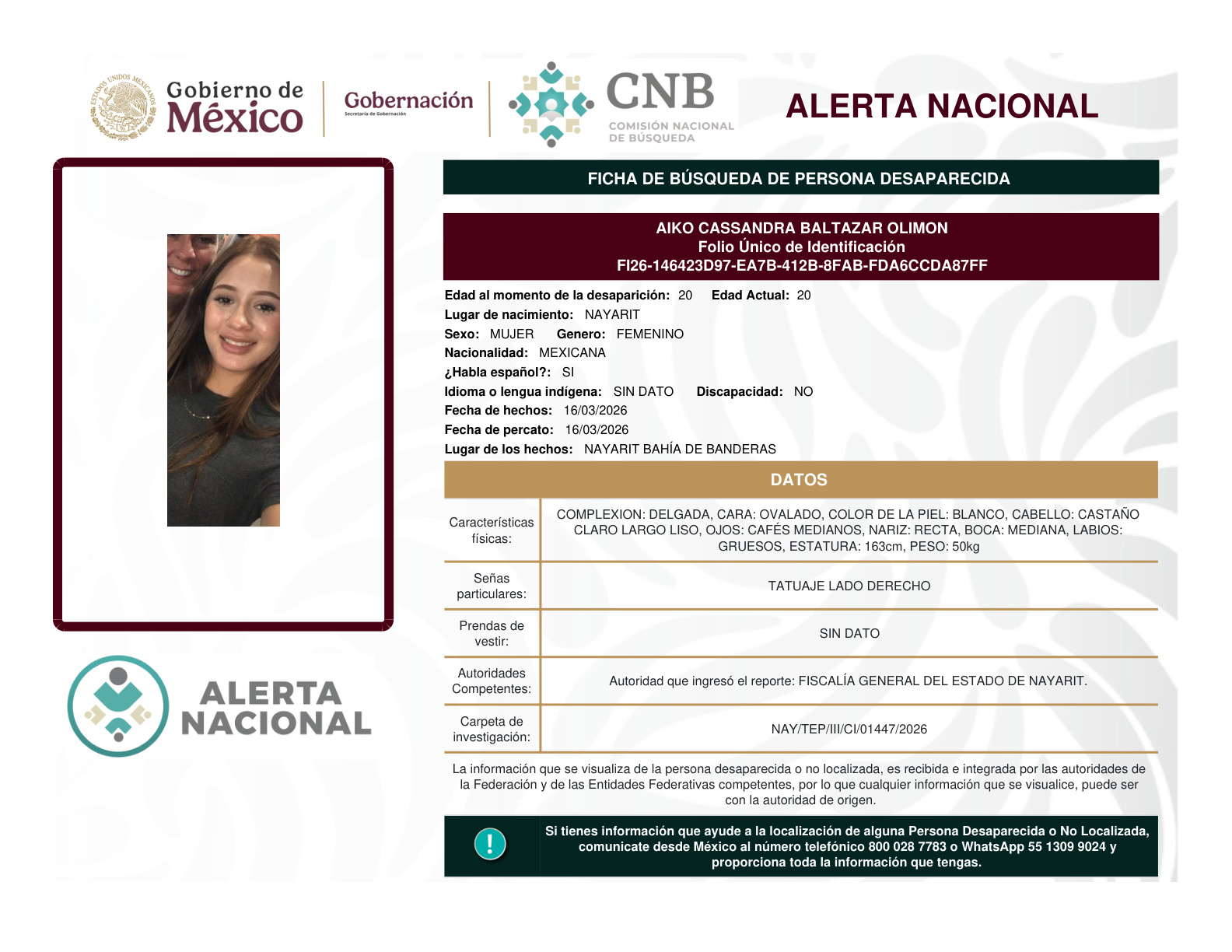 Se activa la Alerta Nacional de Búsqueda 🚨 ¿HAS VISTO A? 🚨