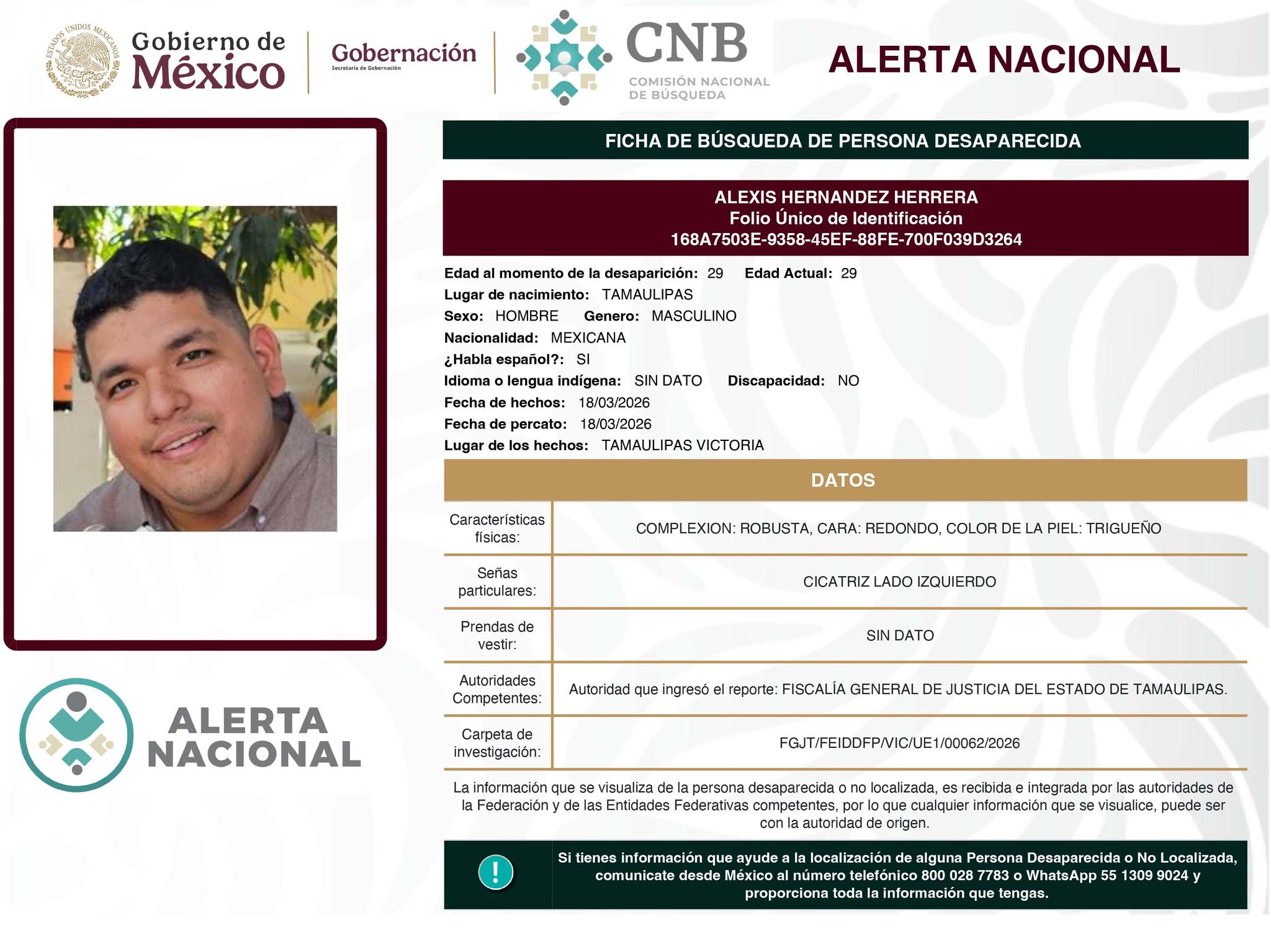 Se activa la Alerta Nacional de Búsqueda            🚨 ¿HAS VISTO A? 🚨