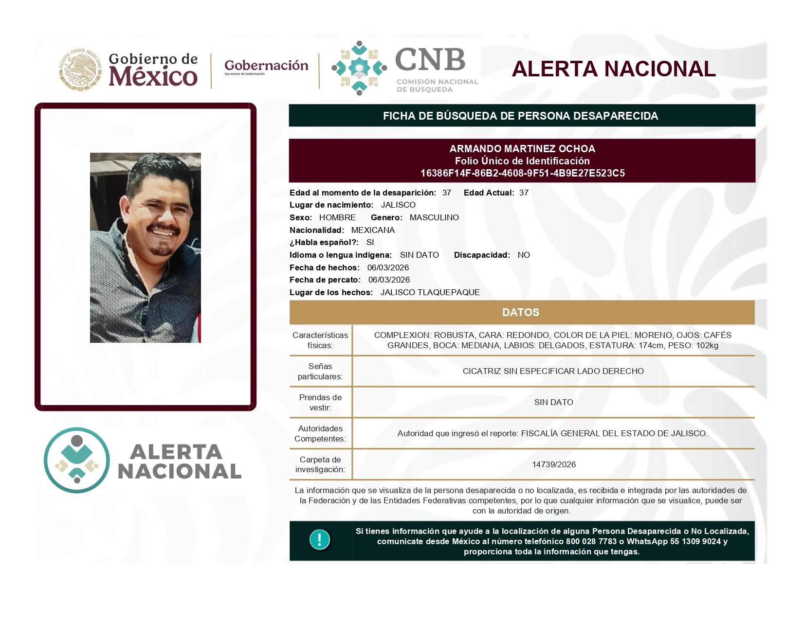 Se activa la Alerta Nacional de Búsqueda 🚨 ¿HAS VISTO A? 🚨
