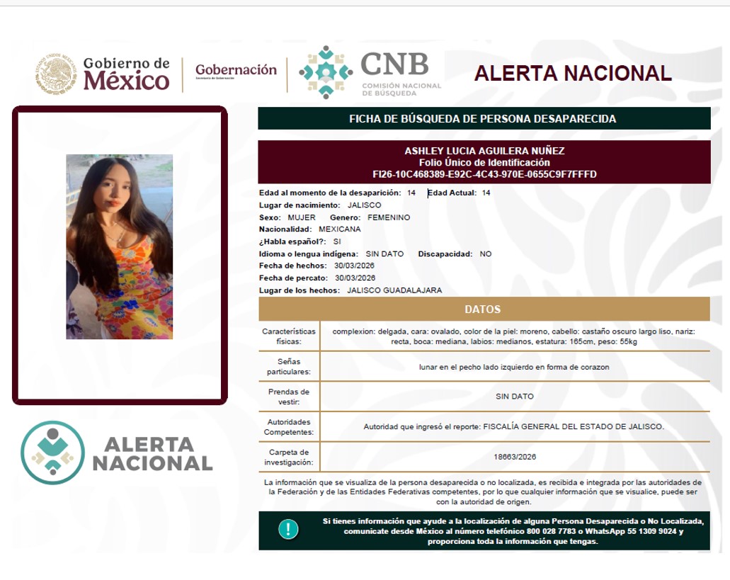 Se activa la Alerta Nacional de Búsqueda            🚨 ¿HAS VISTO A? 🚨