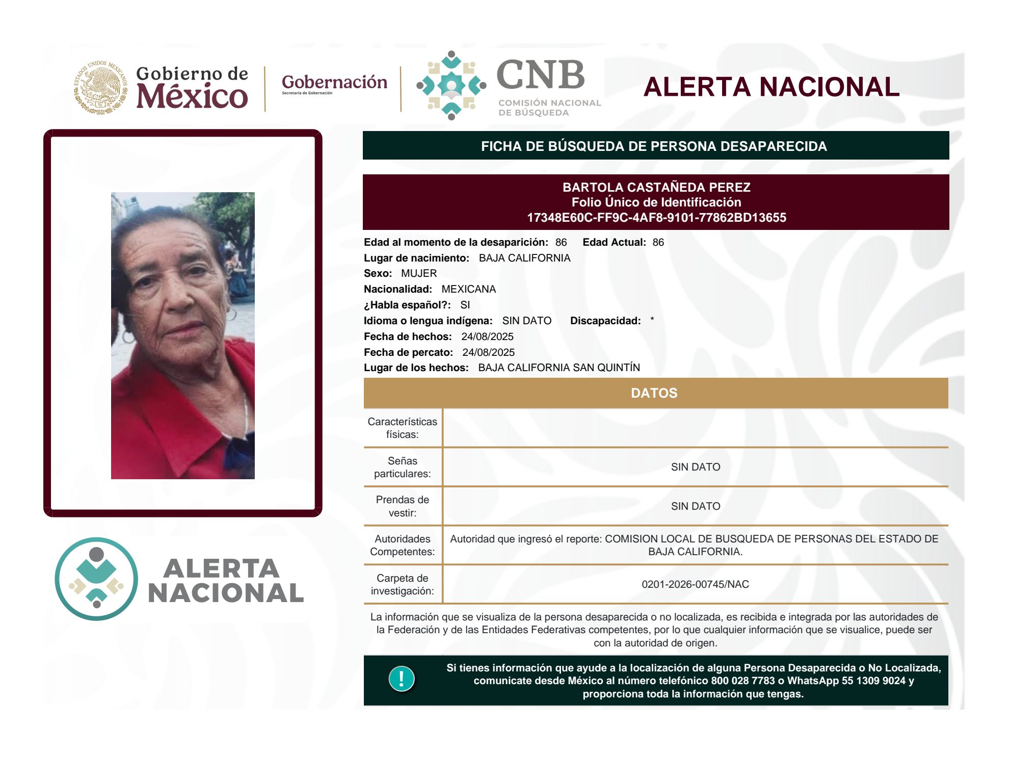 Se activa la Alerta Nacional de Búsqueda 🚨 ¿HAS VISTO A? 🚨