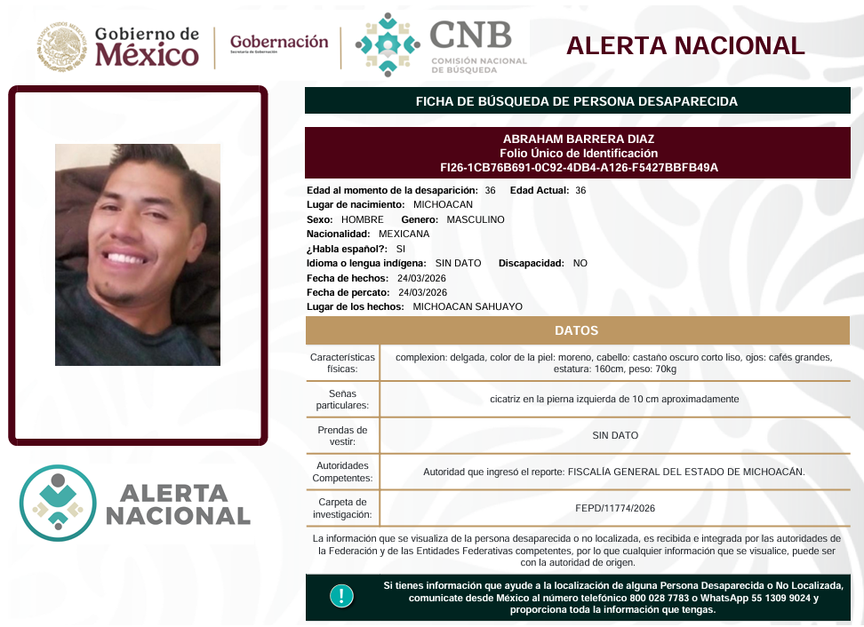 Se activa la Alerta Nacional de Búsqueda             🚨 ¿HAS VISTO A? 🚨
