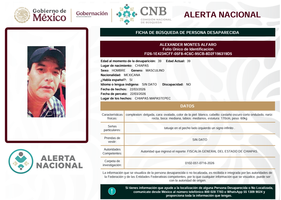 Se activa la Alerta Nacional de Búsqueda            🚨 ¿HAS VISTO A? 🚨