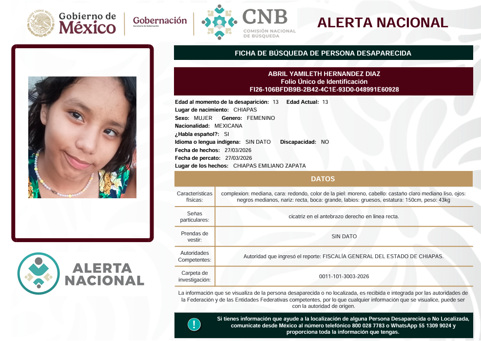 Se activa la Alerta Nacional de Búsqueda🚨 ¿HAS VISTO A? 🚨