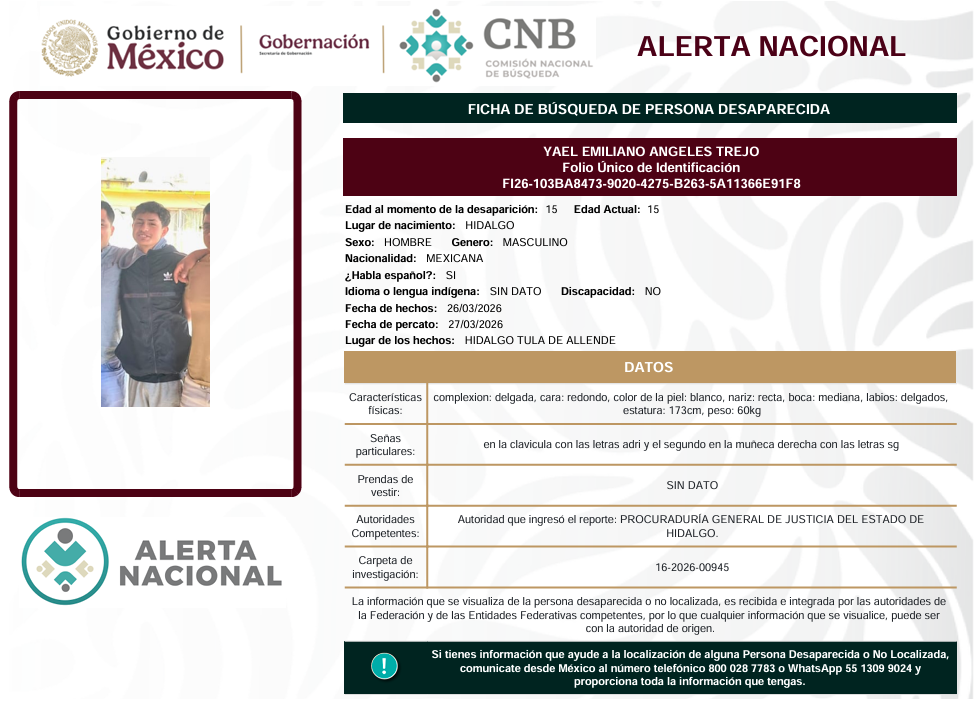 Se activa la Alerta Nacional de Búsqueda            🚨 ¿HAS VISTO A? 🚨