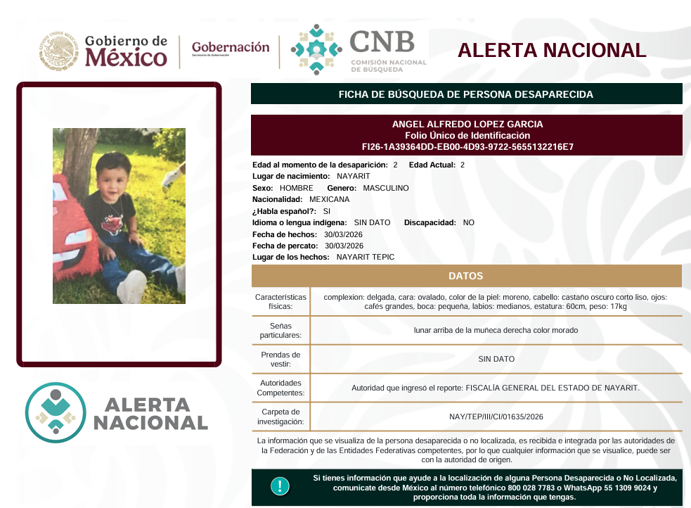 Se activa la Alerta Nacional de Búsqueda🚨 ¿HAS VISTO A? 🚨