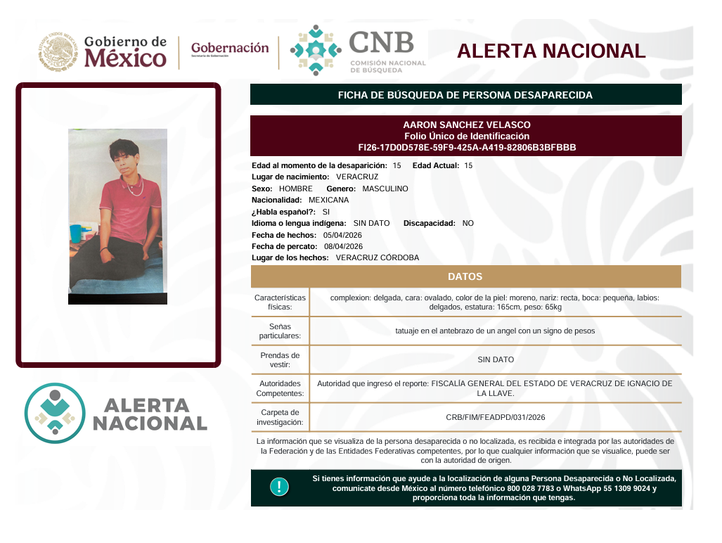 Se activa la Alerta Nacional de Búsqueda                                               🚨 ¿HAS VISTO A? 🚨