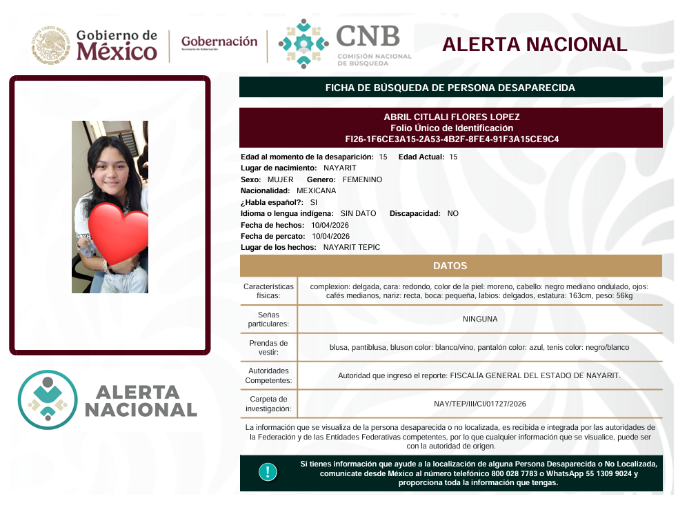 Se activa la Alerta Nacional de Búsqueda            🚨 ¿HAS VISTO A? 🚨