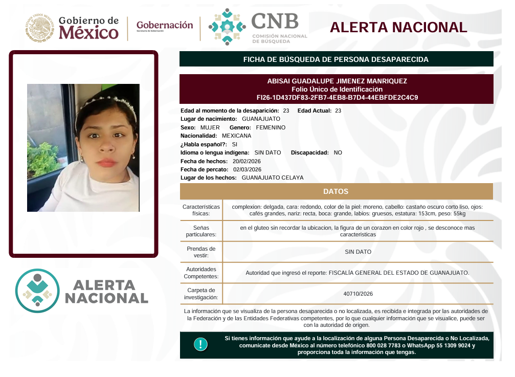 Se activa la Alerta Nacional de Búsqueda                                🚨 ¿HAS VISTO A? 🚨