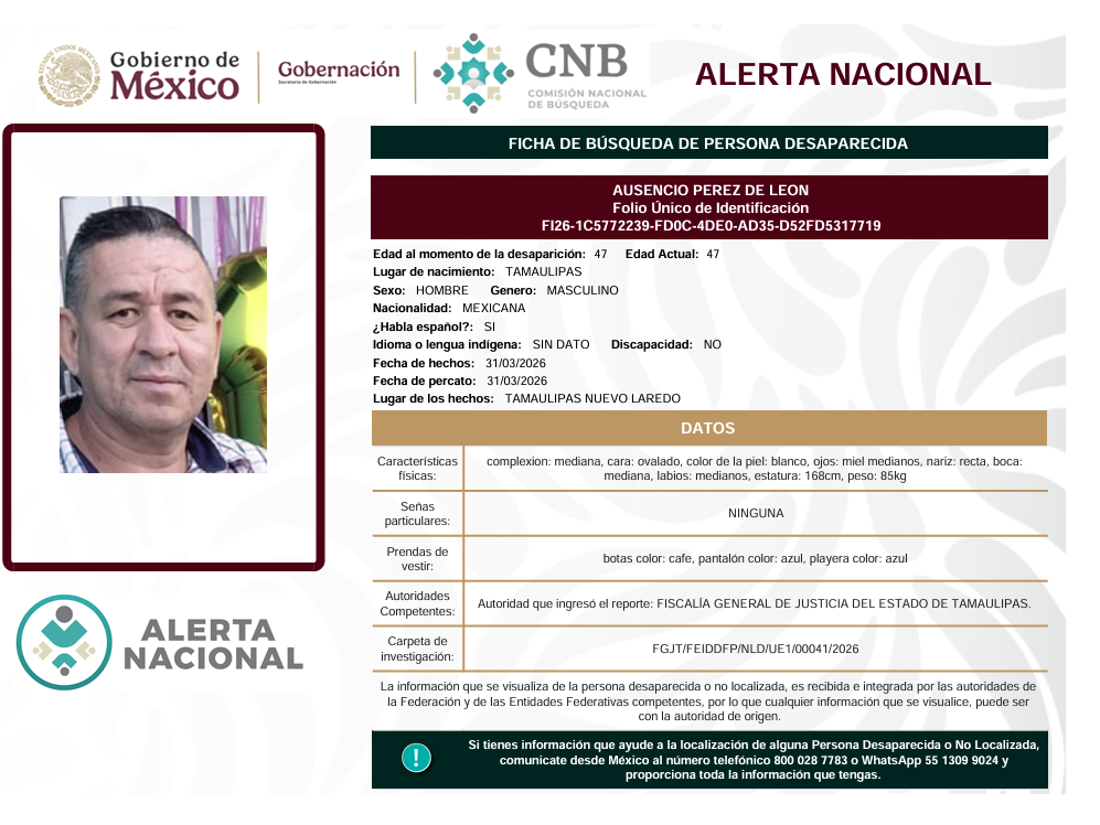 Se activa la Alerta Nacional de Búsqueda                           🚨 ¿HAS VISTO A? 🚨