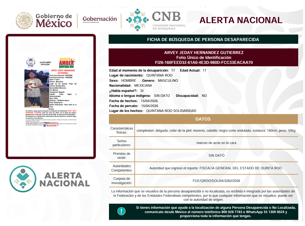 Se activa la Alerta Nacional de Búsqueda            🚨 ¿HAS VISTO A? 🚨