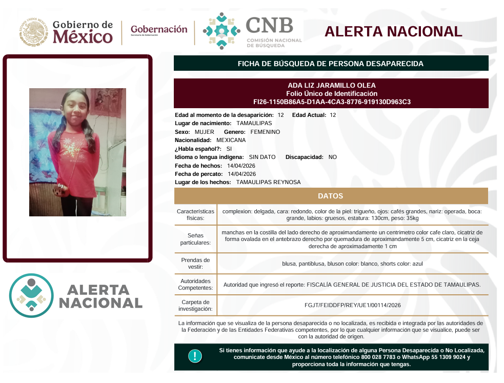 Se activa la Alerta Nacional de Búsqueda                         🚨 ¿HAS VISTO A? 🚨