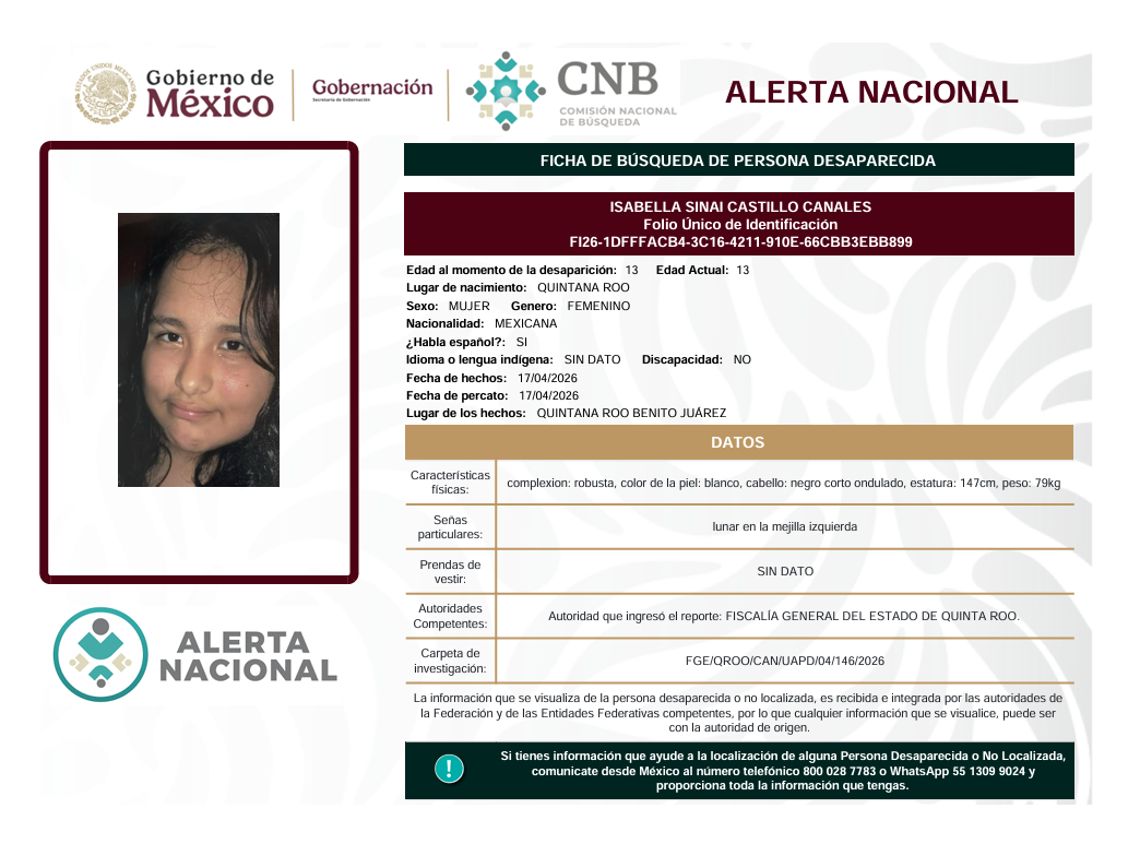 Se activa la Alerta Nacional de Búsqueda            🚨 ¿HAS VISTO A? 🚨