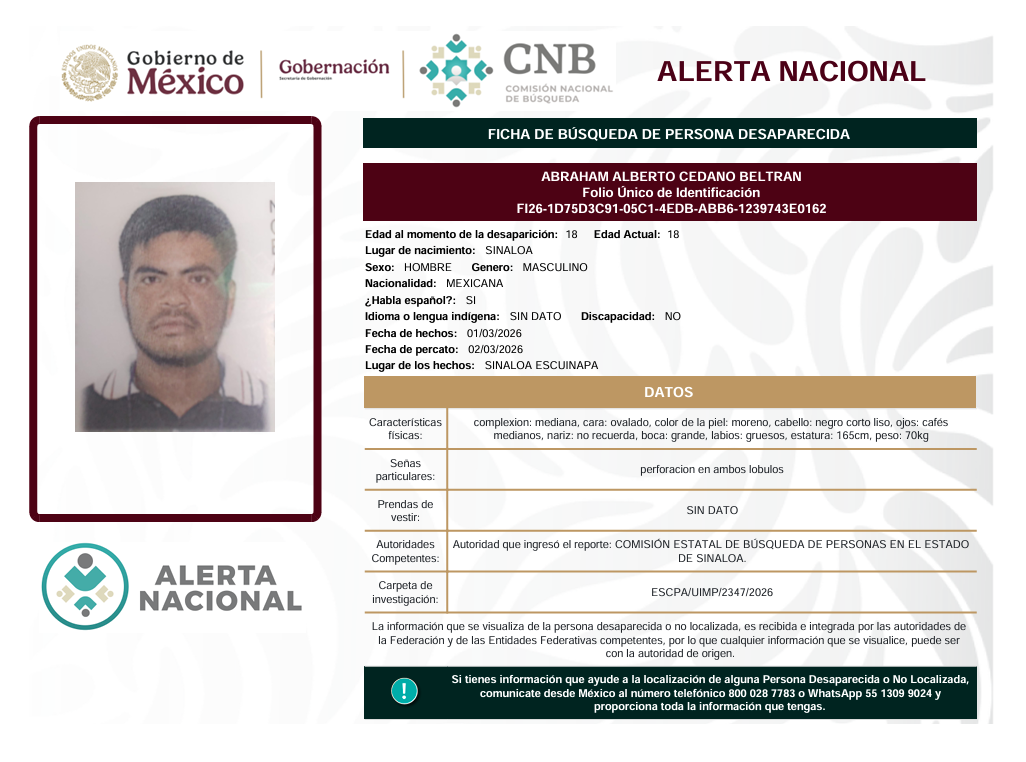 Se activa la Alerta Nacional de Búsqueda🚨 ¿HAS VISTO A? 🚨