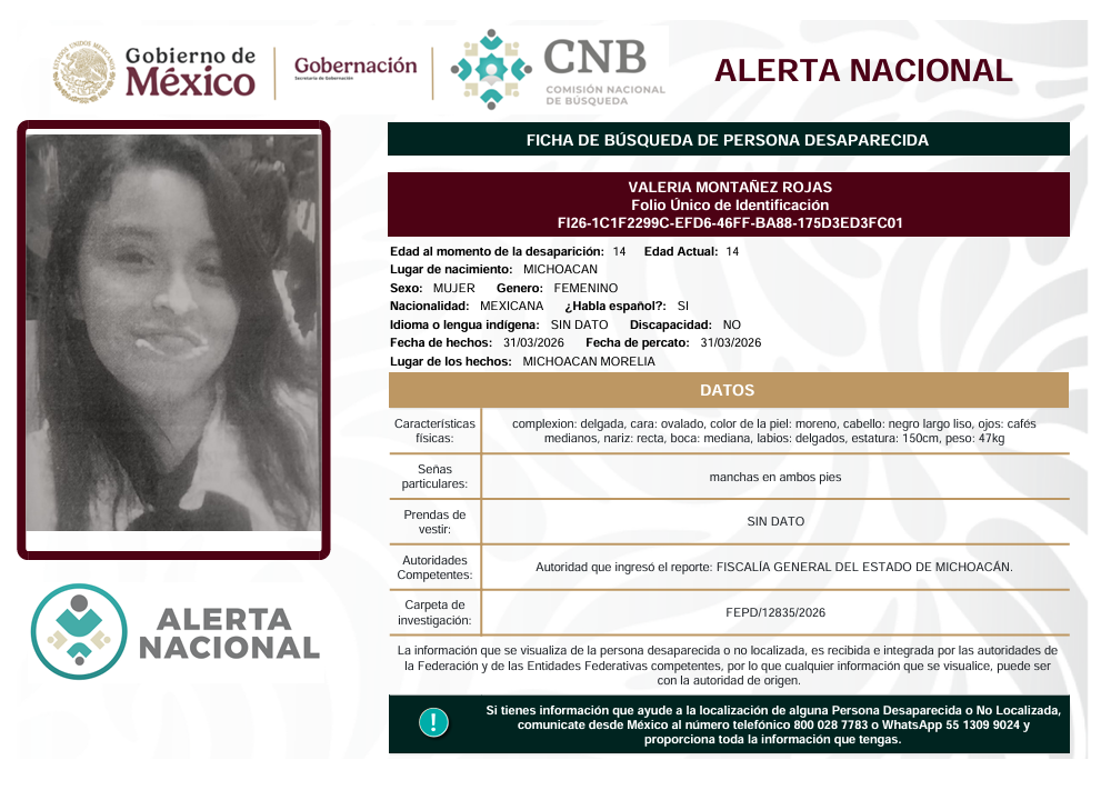 Se activa la Alerta Nacional de Búsqueda                            🚨 ¿HAS VISTO A? 🚨