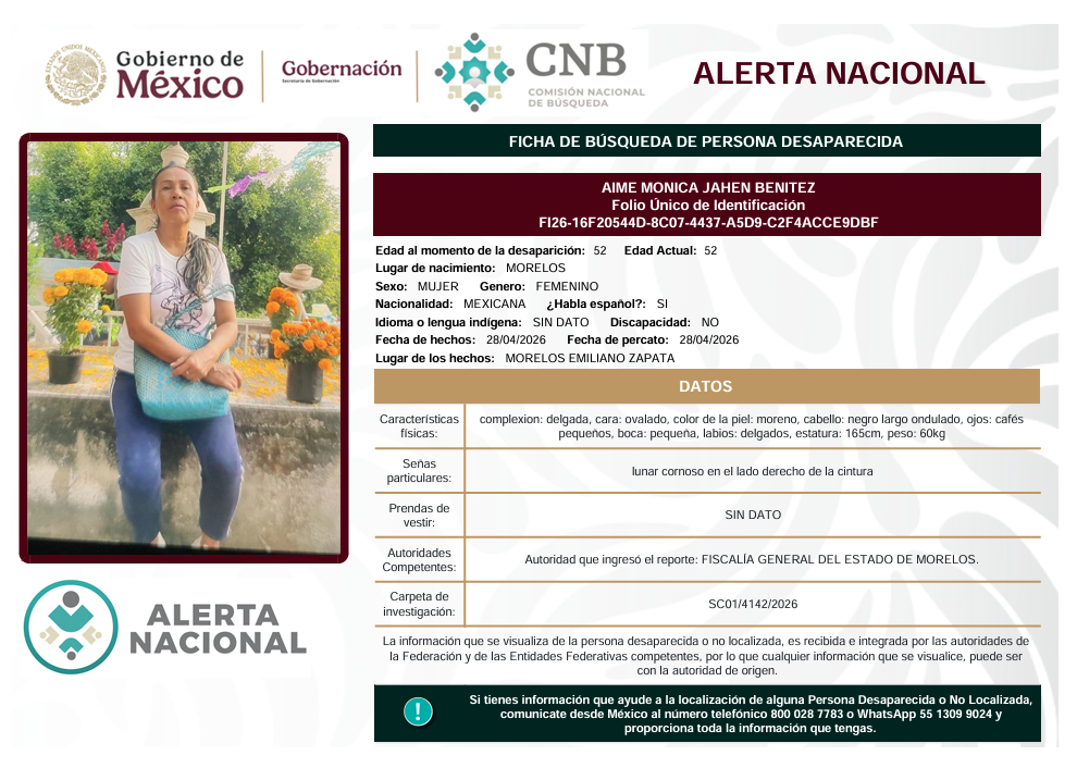 Se activa la Alerta Nacional de Búsqueda 🚨 ¿HAS VISTO A? 🚨