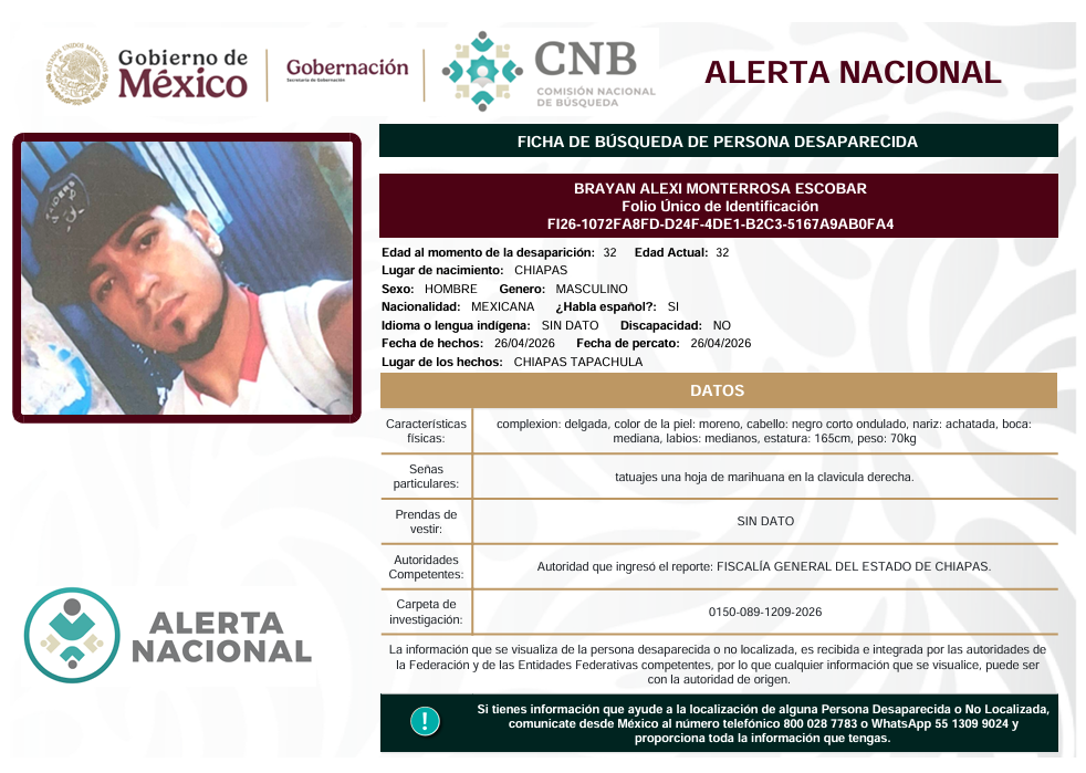 Se activa la Alerta Nacional de Búsqueda 🚨 ¿HAS VISTO A? 🚨