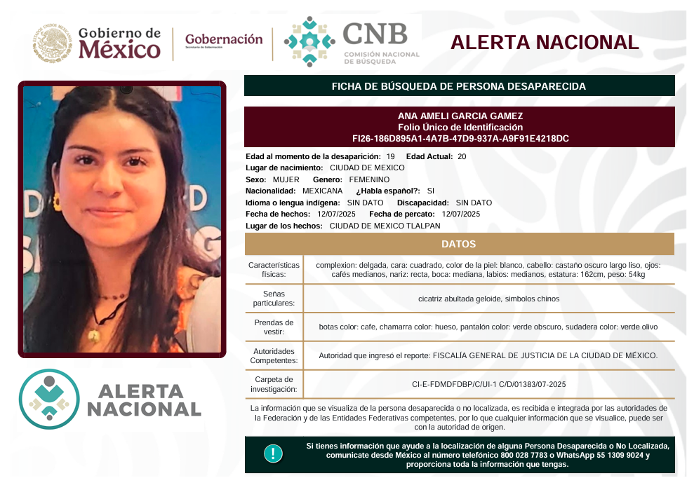 Se activa la Alerta Nacional de Búsqueda                     🚨 ¿HAS VISTO A? 🚨