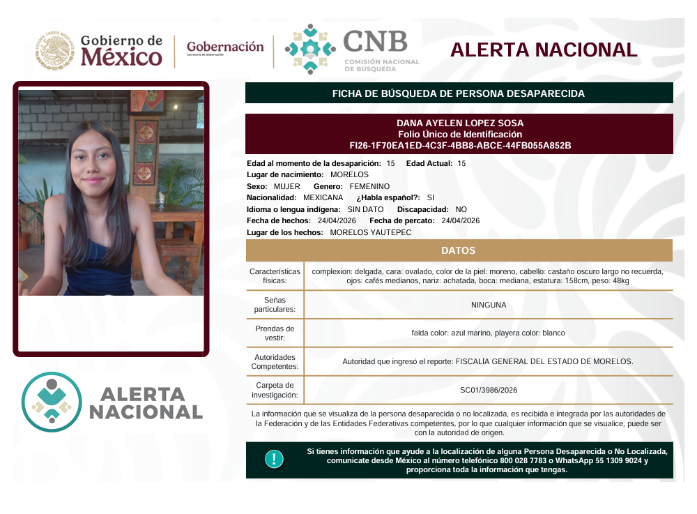 Se activa la Alerta Nacional de Búsqueda                        🚨 ¿HAS VISTO A? 🚨