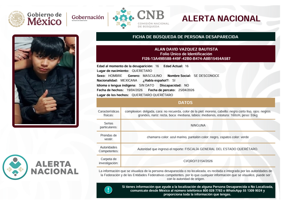 Se activa la Alerta Nacional de Búsqueda                           🚨 ¿HAS VISTO A? 🚨