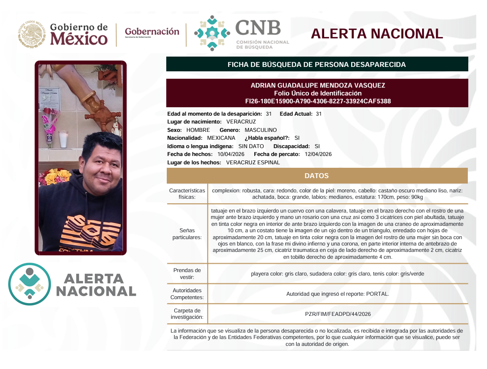 Se activa la Alerta Nacional de Búsqueda