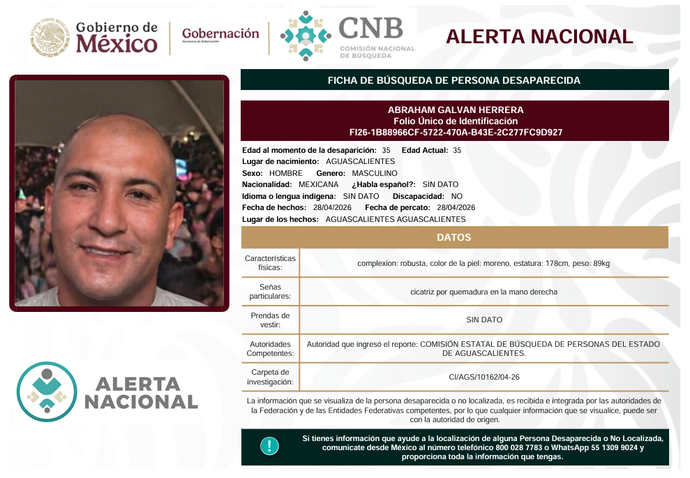 Se activa la Alerta Nacional de Búsqueda 🚨 ¿HAS VISTO A? 🚨