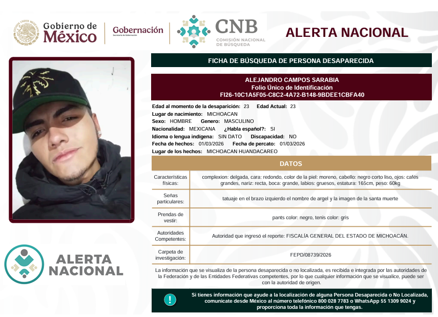 Se activa la Alerta Nacional de Búsqueda 🚨 ¿HAS VISTO A? 🚨