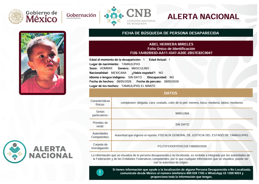 Se activa la Alerta Nacional de Búsqueda                 🚨 ¿HAS VISTO A? 🚨
