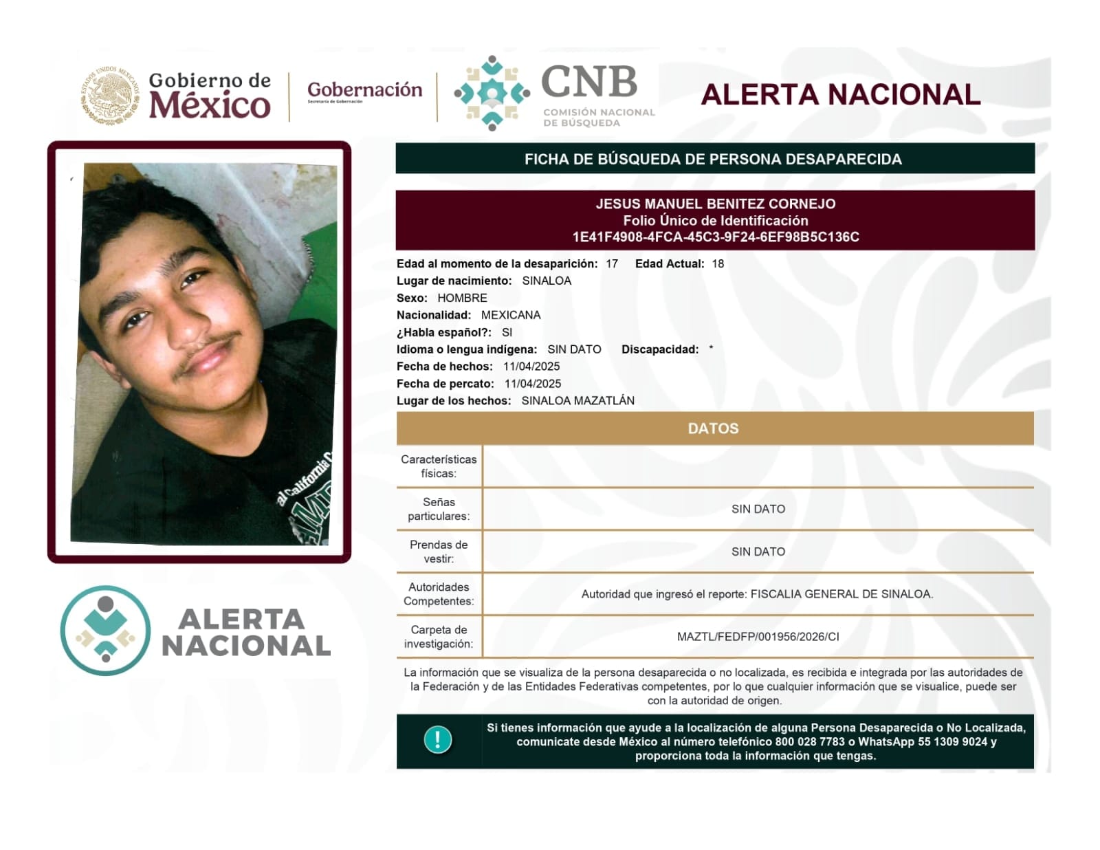Se activa la Alerta Nacional de Búsqueda           🚨 ¿HAS VISTO A? 🚨